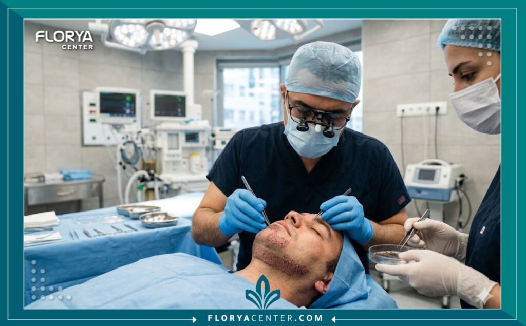 لقطة واقعية لعملية زراعة شعر الذقن تجرى في غرفة عمليات معقمة واحترافية.