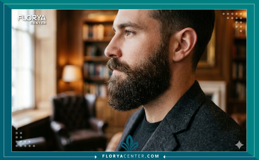 صورة مقربة لنموذج رجل يظهر كثافة ومظهر طبيعي جذاب بعد زراعة شعر الذقن.