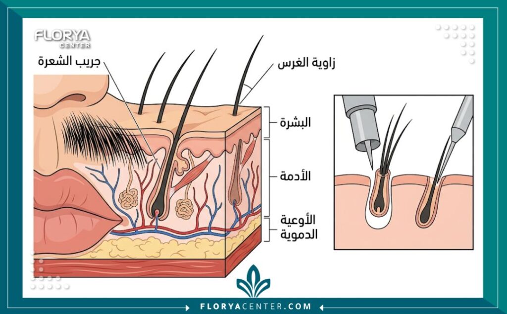 رسم توضيحي تشريحي لعملية زراعة شعر الشنب - توزيع بصيلات الشعر تحت الجلد