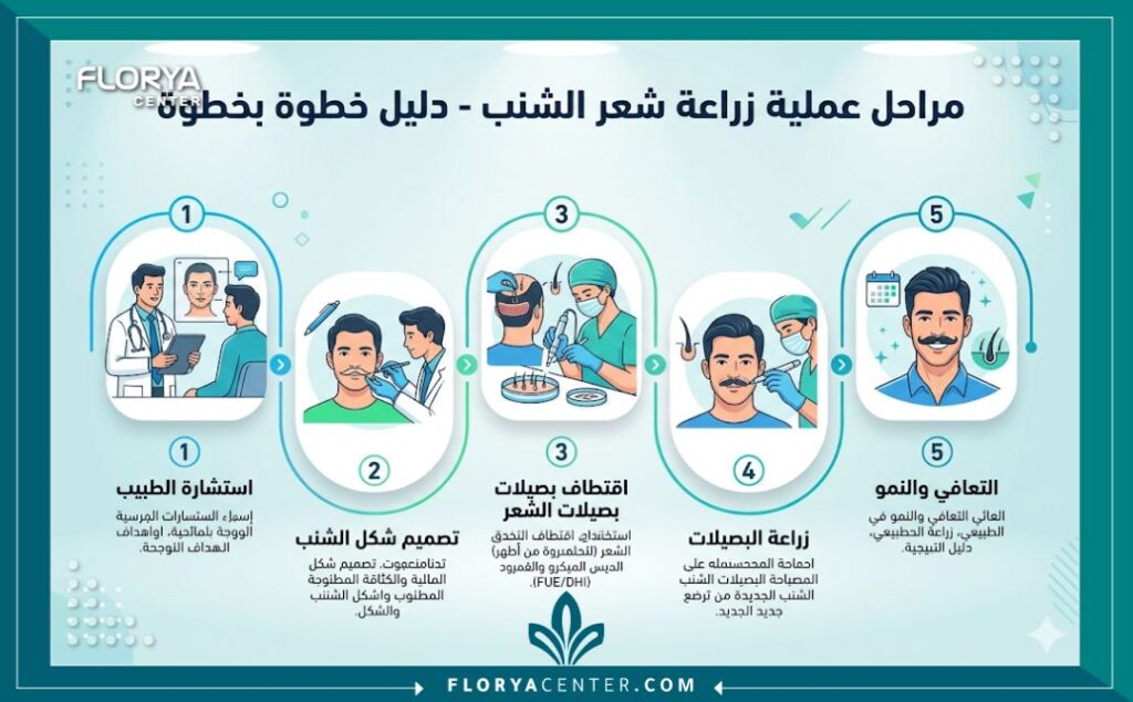 انفوجرافيك يوضح خطوات زراعة شعر الشنب - من الاستشارة إلى النتائج النهائية