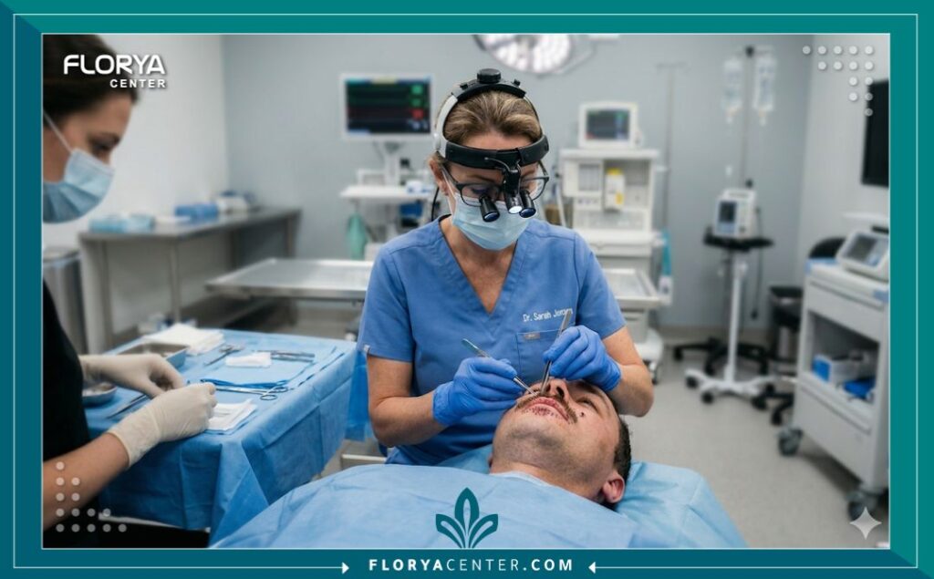 جراح متخصص يجري عملية زراعة شعر الشنب في غرفة عمليات معقمة في اسطنبول