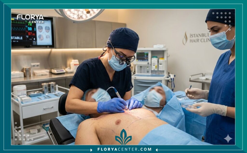 لُقطة مقربة عالية الجودة داخل غرفة عمليات معقمة في مركز تجميل، تظهر طبيب اختصاصي يستخدم أدوات دقيقة لغرس بصيلات الشعر في صدر مريض أثناء عملية زراعة شعر الصدر.