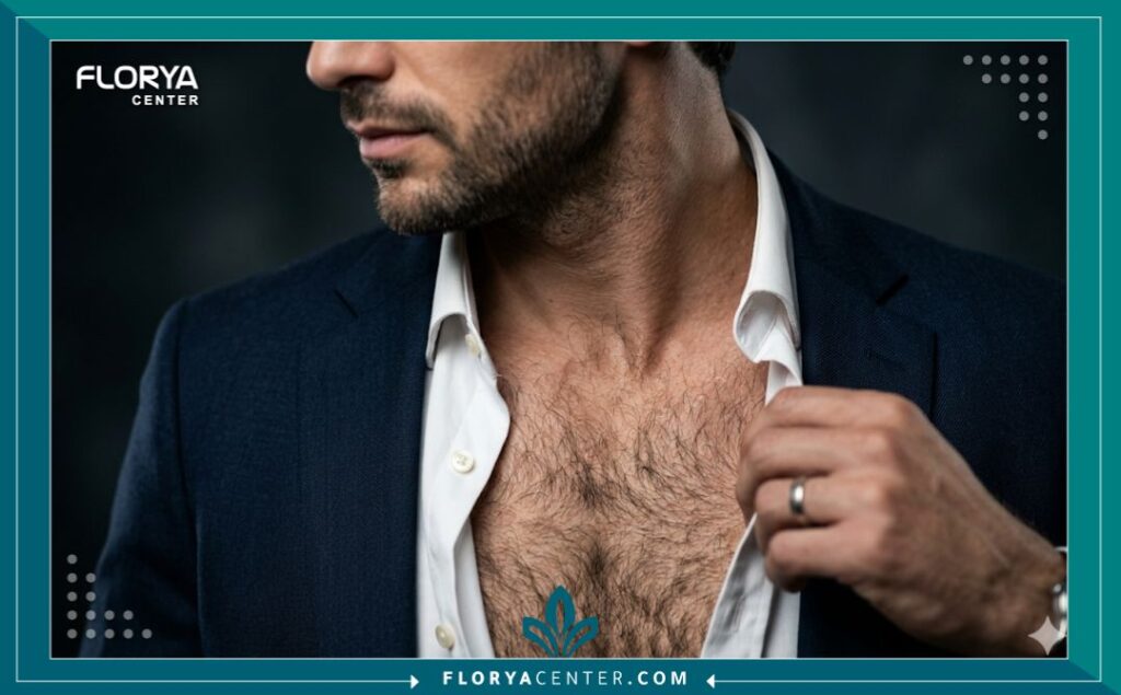 صورة جمالية قريبة تركز على المظهر الطبيعي والجذاب لشعر الصدر الكثيف بعد عملية الزراعة، لرجل يرتدي ملابس أنيقة مع إضاءة استوديو احترافية تبرز التفاصيل.