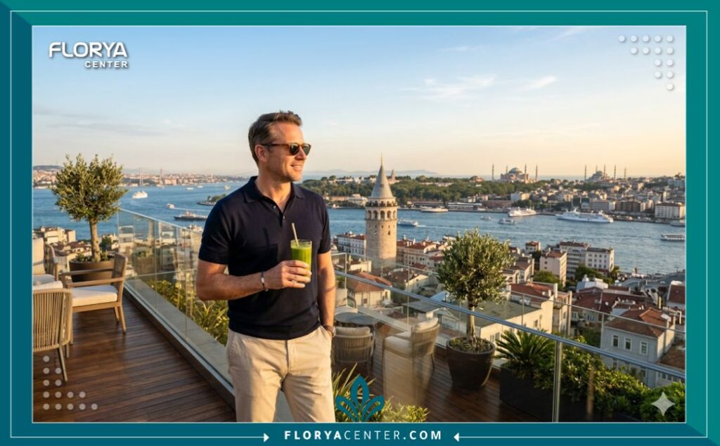 رجل يسترخي على شرفة فندق فاخر في إسطنبول مطلاً على مضيق البوسفور وبرج غالاتا، مما يربط بين تجربة السياحة العلاجية المريحة ورحلة زراعة شعر الصدر في تركيا.