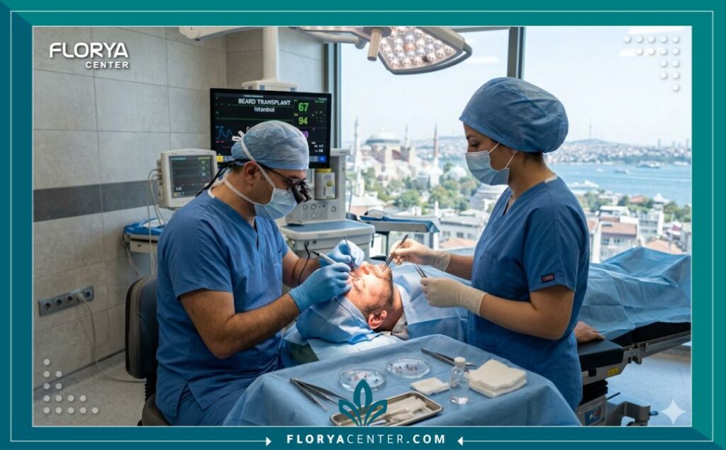 طبيب جراح تركي يجري عملية زراعة شعر اللحية بدقة داخل غرفة عمليات معقمة ومجهزة بأحدث التقنيات في مستشفى بتركيا.