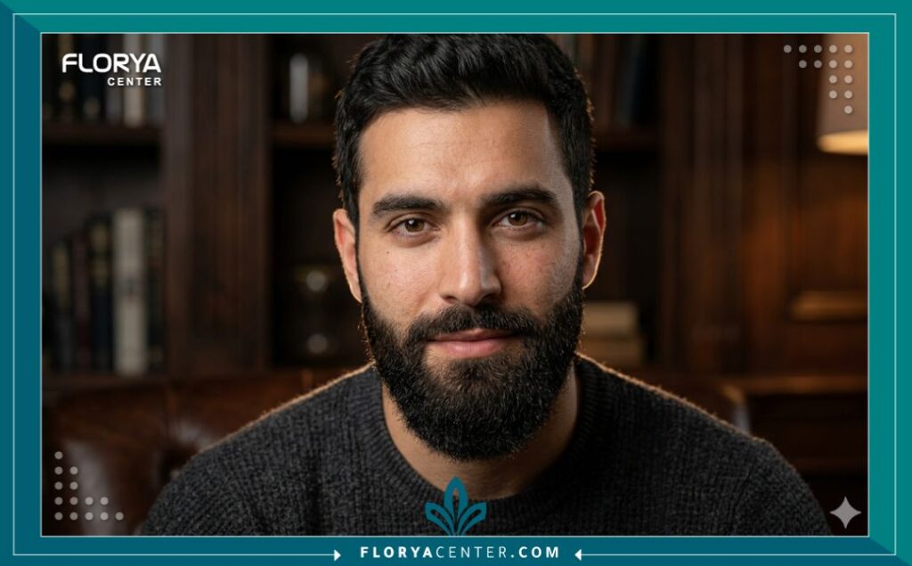 صورة مقربة لوجه شاب وسيم يظهر كثافة ومظهر شعر اللحية الطبيعي بعد إجراء عملية زراعة لحية ناجحة في تركيا، مع إضاءة خافتة.