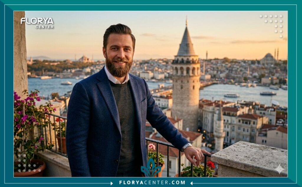 منظر غروب الشمس الساحر على مضيق البوسفور وبرج غالاتا في إسطنبول، يظهر أجواء فاخرة وهادئة لرحلة السياحة العلاجية لزراعة اللحية في تركيا.