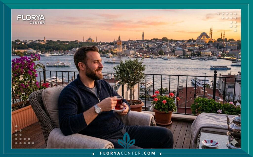 مريض مسترخٍ يستمتع بمنظر مضيق البوسفور في إسطنبول خلال فترة التعافي بعد إجراء عملية زراعة شعر الوجه، مما يبرز تجربة السياحة العلاجية.