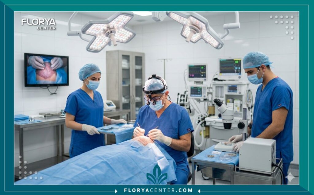 غرفة عمليات معقمة وأطباء متخصصون يجرون عملية زراعة شعر باستخدام أحدث التقنيات في عيادة بتركيا.
