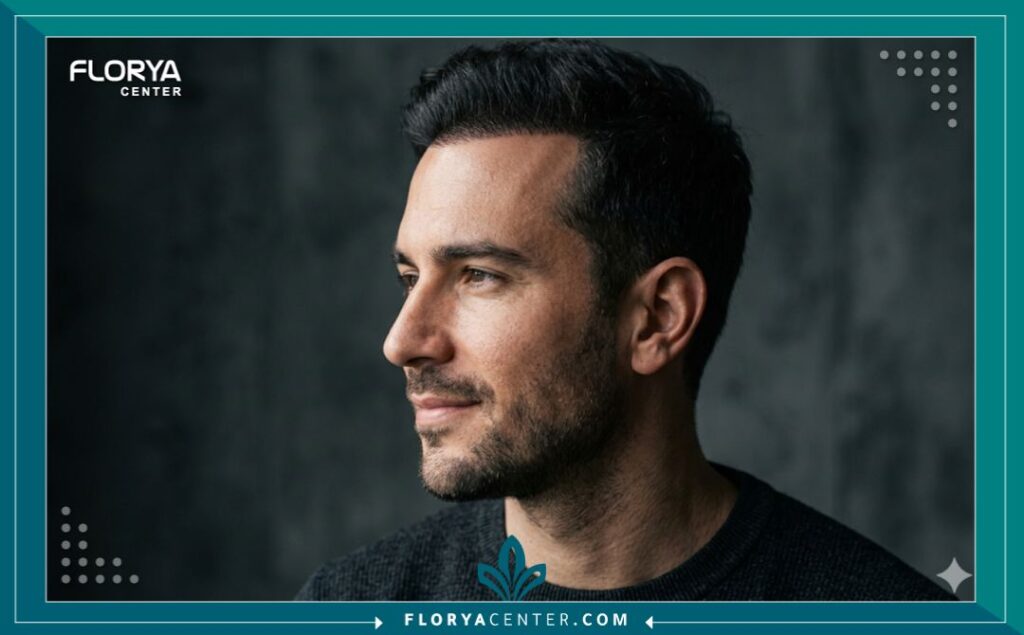 لقطة جمالية جانبية تظهر كثافة الشعر وخط الشعر الطبيعي بعد زراعة الشعر الناجحة للرجال.