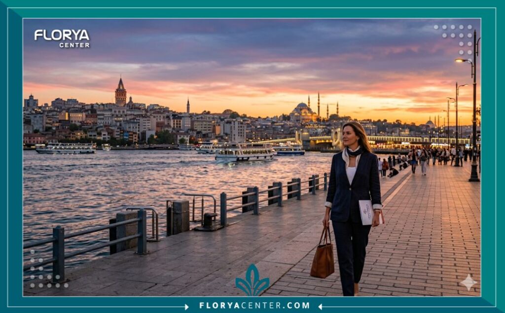 منظر طبيعي لمدينة اسطنبول (برج غالاتا) وقت الغروب، يجمع بين متعة السياحة وإجراء عملية زراعة شعر بتكلفة توفيرية.