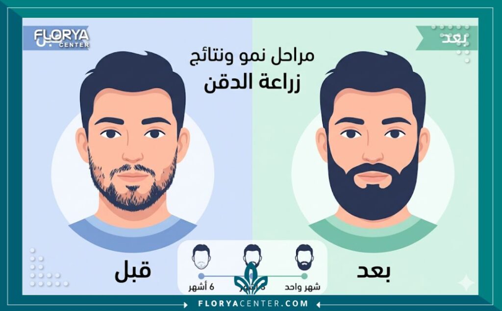 إنفوجرافيك يوضح مقارنة قبل وبعد زراعة شعر الدقن والجدول الزمني لنمو الشعر وكثافته.