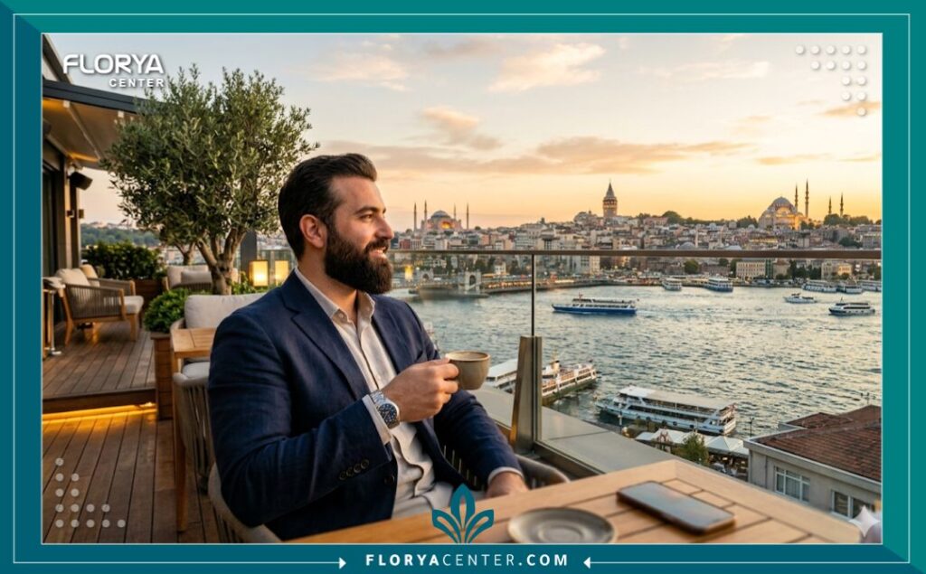 تجربة السياحة العلاجية في إسطنبول: مريض يستمتع بجمال البوسفور بعد نجاح عملية زراعة شعر الدقن في تركيا.