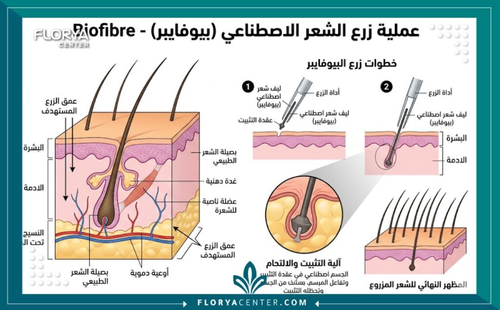 رسم تخطيطي طبي يوضح كيفية زراعة ألياف الشعر الصناعي (بيوفايبر) في طبقات فروة الرأس.