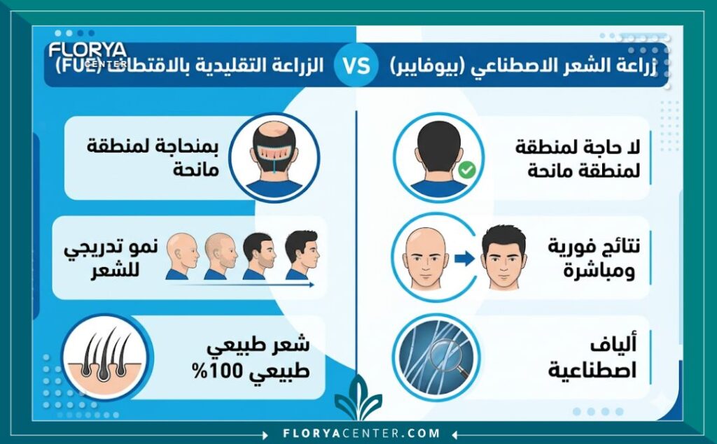 انفوجرافيك يقارن بين زراعة الشعر الطبيعي FUE وزراعة الشعر الصناعي (بيوفايبر) من حيث المميزات والنتائج.