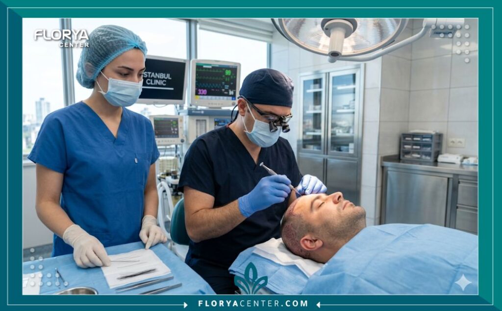 طبيب متخصص يقوم بإجراء زراعة الشعر الصناعي (بيوفايبر) لمريض داخل غرفة عمليات معقمة في عيادة بتركيا.