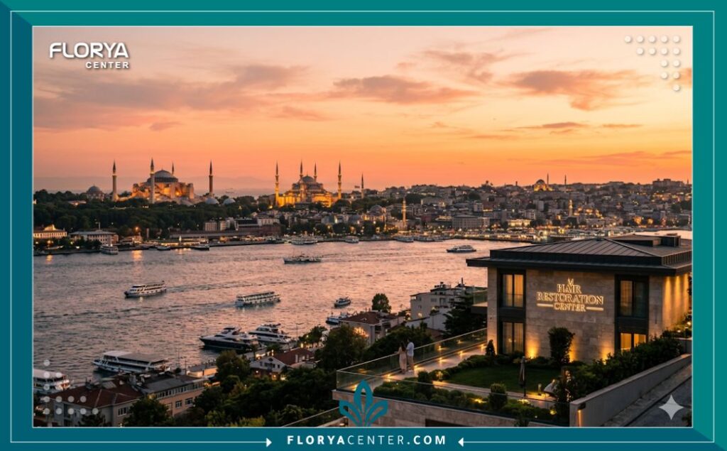 منظر بانورامي لمدينة إسطنبول مع غروب الشمس، يرمز إلى وجهة رائدة لعمليات زراعة الشعر الصناعي (بيوفايبر).