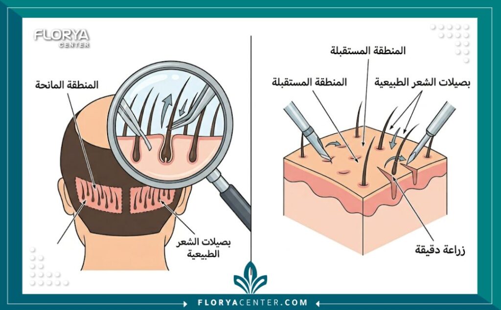 رسم توضيحي طبي يوضح خطوات عملية زراعة الشعر الطبيعي باستخدام بصيلات المريض نفسه (الاقتطاف).