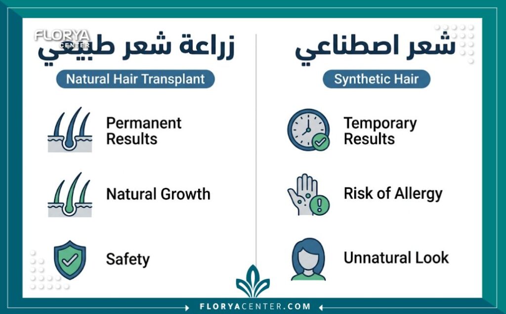 إنفوجرافيك يقارن بين زراعة الشعر الطبيعي والاصطناعي ويوضح مزايا النتائج الدائمة والطبيعية.