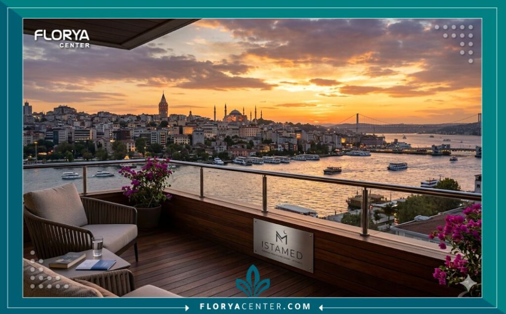 منظر بانورامي لإسطنبول وقت الغروب، يجمع بين السياحة ووجهة زراعة الشعر الطبيعي الرائدة.