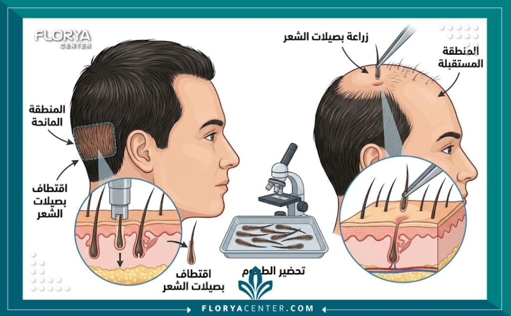 رسم توضيحي طبي يوضح عملية اقتطاف بصيلات الشعر (FUE) لزراعة الشعر، بما في ذلك المناطق المانحة والمستقبلة وخطوات الزراعة في فروة الرأس، مع تصنيفات دقيقة باللغة العربية.