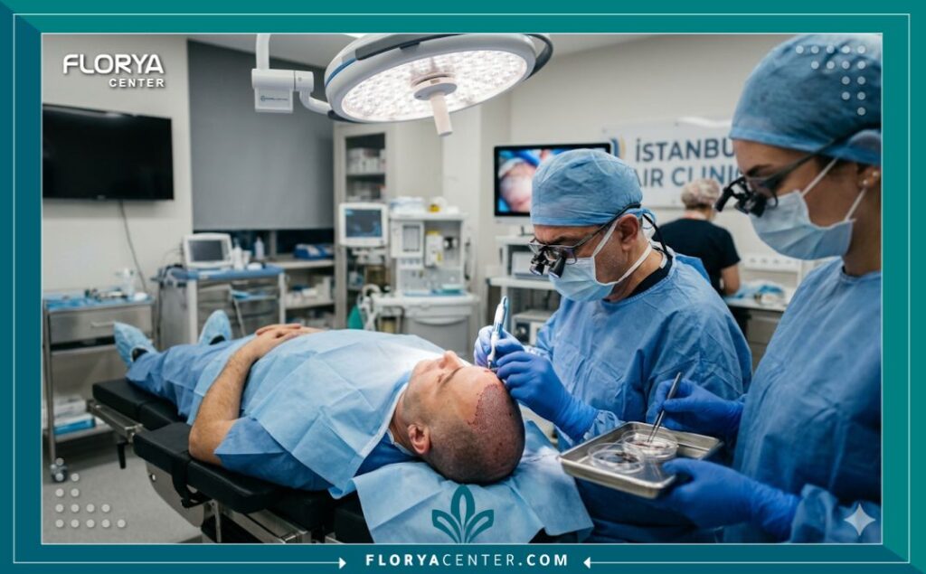 صورة واقعية ولقطة قريبة تظهر جراحاً ومساعداً طبيين يرتديان ملابس معقمة وينفذان عملية زراعة الشعر بدقة في غرفة عمليات حديثة ومجهزة جيداً في مركز زراعة شعر مرموق في إسطنبول، مع إضاءة طبية ساطعة.