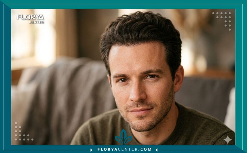 صورة قريبة تظهر جودة نتائج زراعة الشعر في تركيا، تركز على خط الشعر الأمامي الطبيعي والكثيف لرجل شاب واثق من نفسه، مع إضاءة جمالية دافئة وتدرج ألوان ناعم.