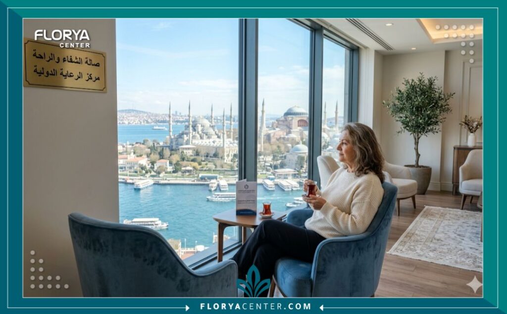 إطلالة خلابة من صالة استقبال فاخرة في عيادة سياحة علاجية في إسطنبول، تطل على البوسفور والمعالم الشهيرة، مع مريض يستمتع بالهدوء بعد إجراء زراعة الشعر، وتجربة سياحة علاجية مريحة.