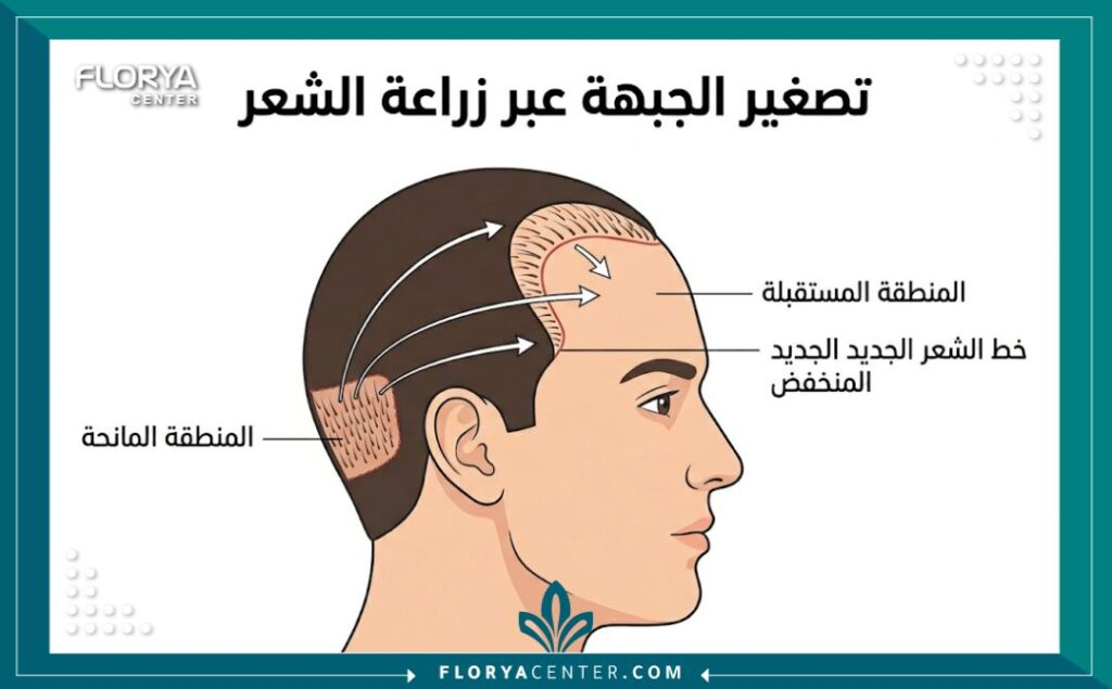 رسم تخطيطي طبي يوضح كيفية زراعة الشعر لتصغير الجبهة العريضة، مبيناً نقل البصيلات من الخلف إلى الأمام لإنزال خط الشعر.
