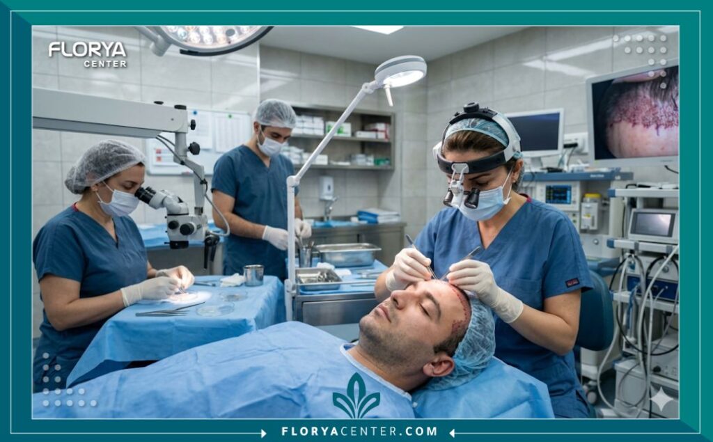 طبيب متخصص يجري عملية زراعة شعر للجبهه الكبيره داخل غرفة عمليات معقمة ومجهزة بأحدث التقنيات في تركيا.