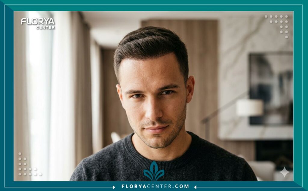 لقطة جمالية تبرز خط الشعر الأمامي المتناسق والجبهة المثالية لشاب بعد نجاح عملية تصغير الجبهة الكبيرة عن طريق زراعة الشعر.