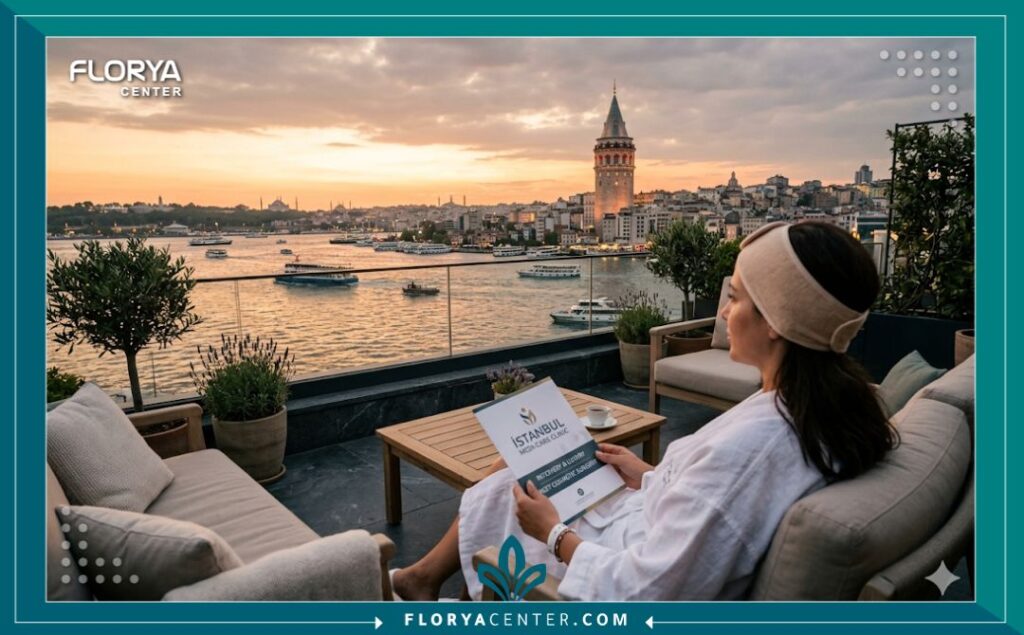 مريض يقضي فترة النقاهة في إسطنبول مع إطلالة رائعة على المضيق بعد خضوعه لعملية زراعة شعر للجبهه الكبيره في تركيا.