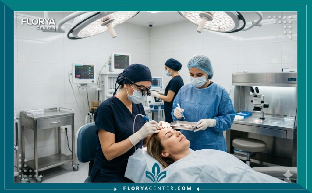 طاقم طبي نسائي متخصص يجري عملية زراعة شعر في مقدمة الرأس لمريضة في غرفة عمليات معقمة ومجهزة في إسطنبول.