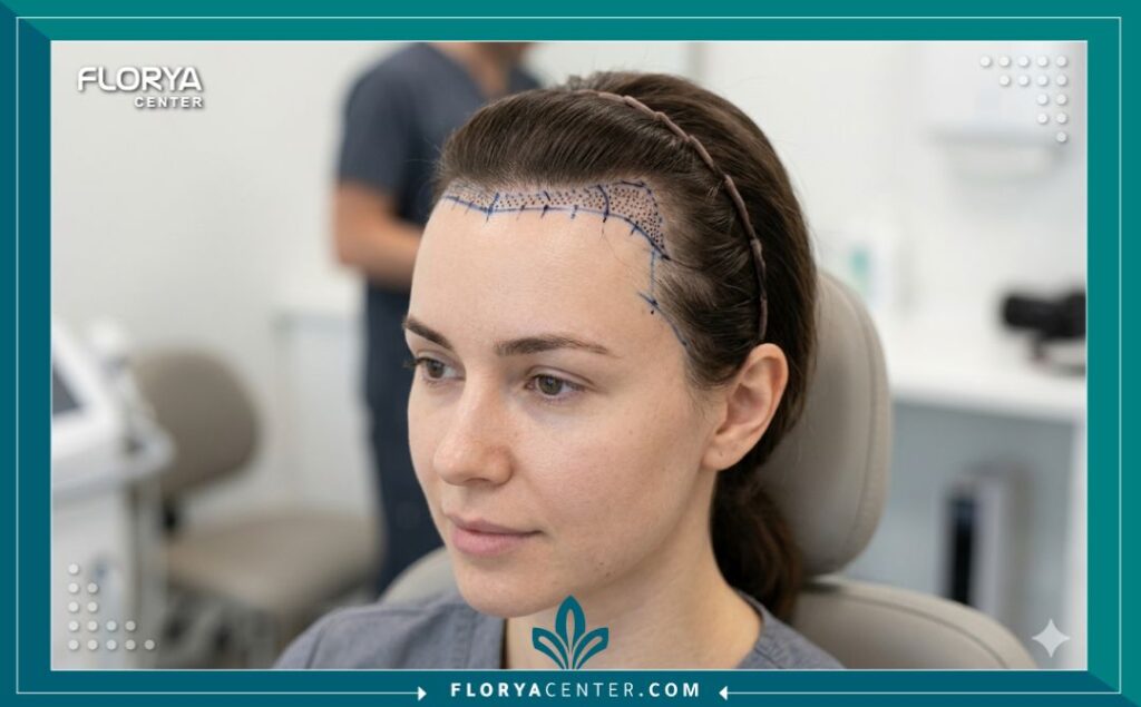 لقطة مكبرة جمالية توضح تخطيط وتوزيع بصيلات الشعر بدقة فائقة في مقدمة رأس امرأة قبل الزراعة.