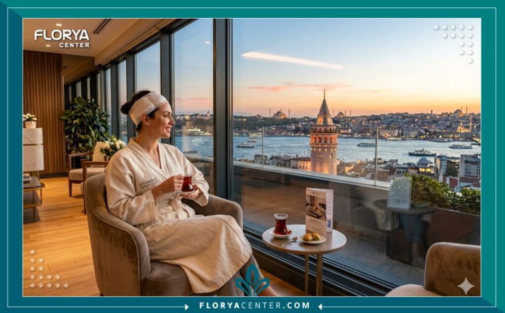إطلالة هادئة ومريحة على مضيق البوسفور من عيادة زراعة شعر في إسطنبول أثناء فترة التعافي للمرأة بعد عملية زراعة مقدمة الرأس.