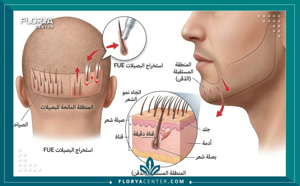 رسم تخطيطي طبي يوضح خطوات زراعة الذقن بتقنية FUE من المنطقة المانحة إلى المنطقة المستقبلة.