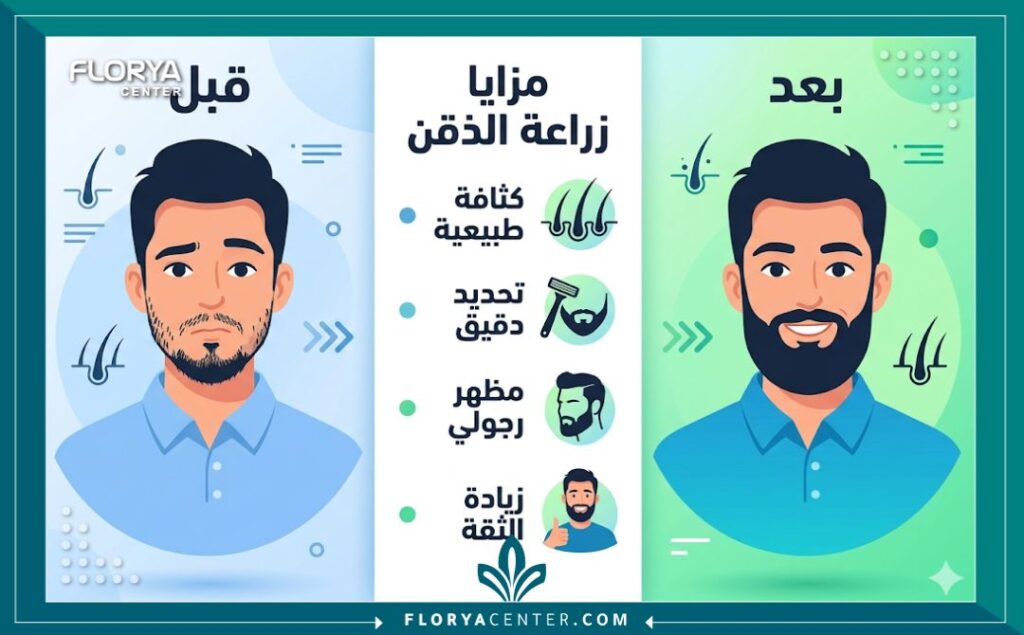 إنفوجرافيك قبل وبعد زراعه الذقن يوضح الفرق الكبير في كثافة اللحية وتحديدها.