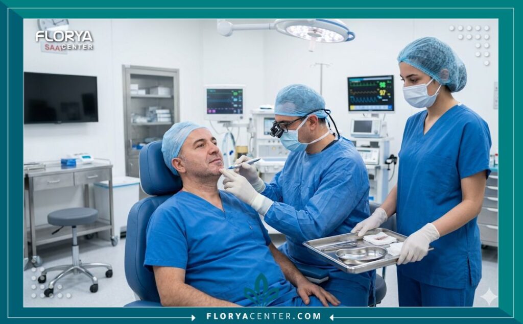 لقطة واقعية داخل غرفة العمليات لطبيب جراح يضع علامات على ذقن مريض قبل عملية زراعة الذقن.