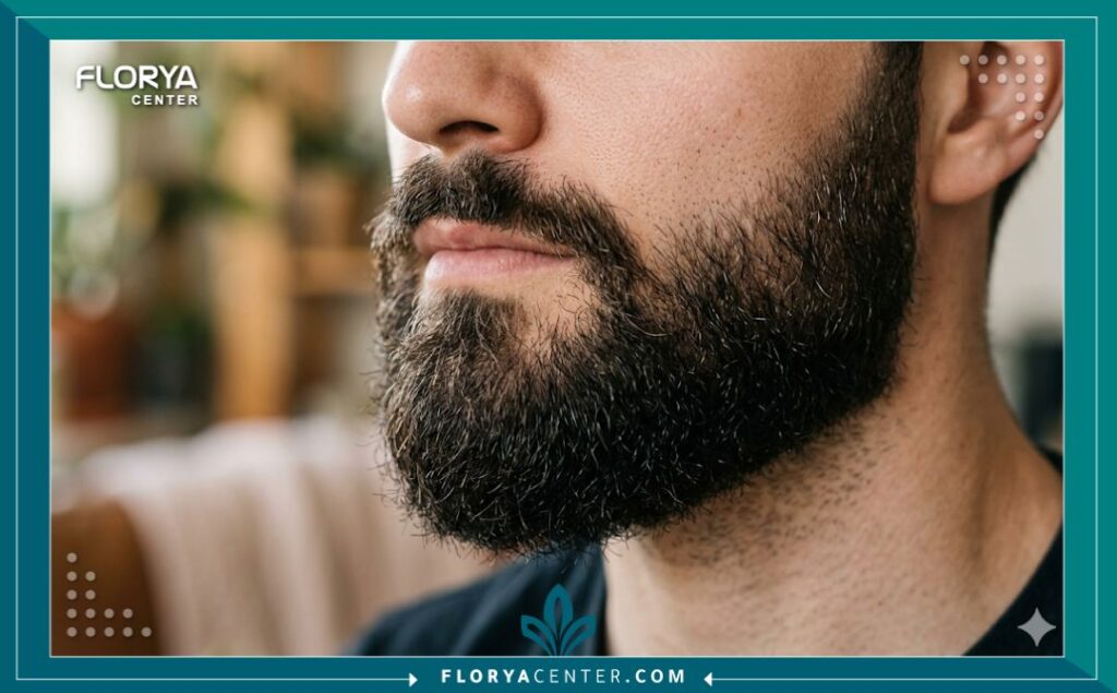 لقطة مقربة جمالية تركز على الكثافة الطبيعية والجميلة للحية الذقن الجديدة بعد عملية الزراعة.