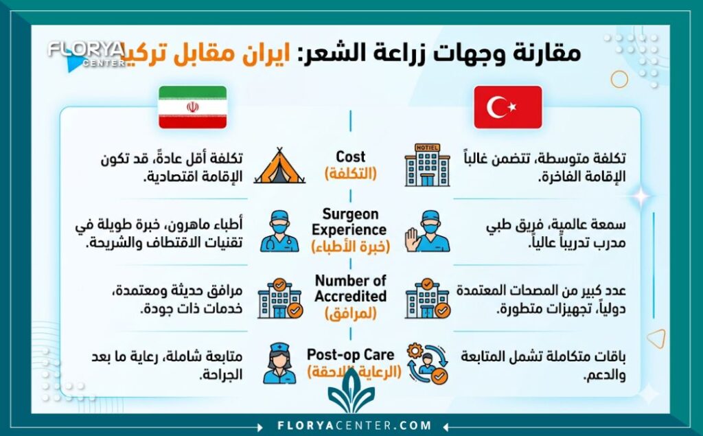 إنفوجرافيك مقارنة بين تكلفة وجودة زراعة الشعر في ايران مقابل تركيا للسياح العرب.