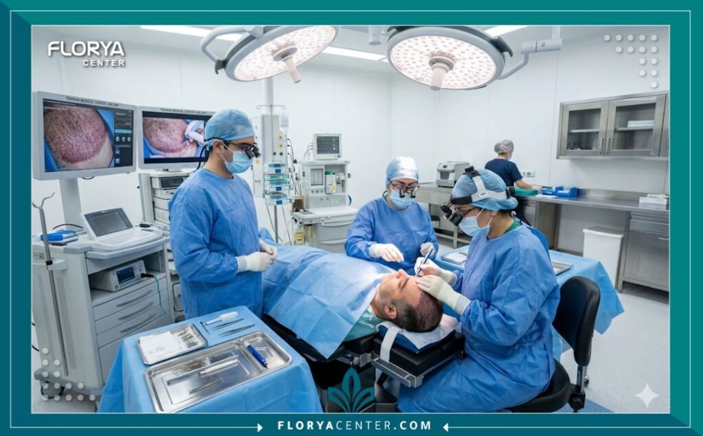 غرفة عمليات معقمة وطاقم طبي إيراني متخصص يقوم بعملية زراعة شعر دقيقة في طهران.
