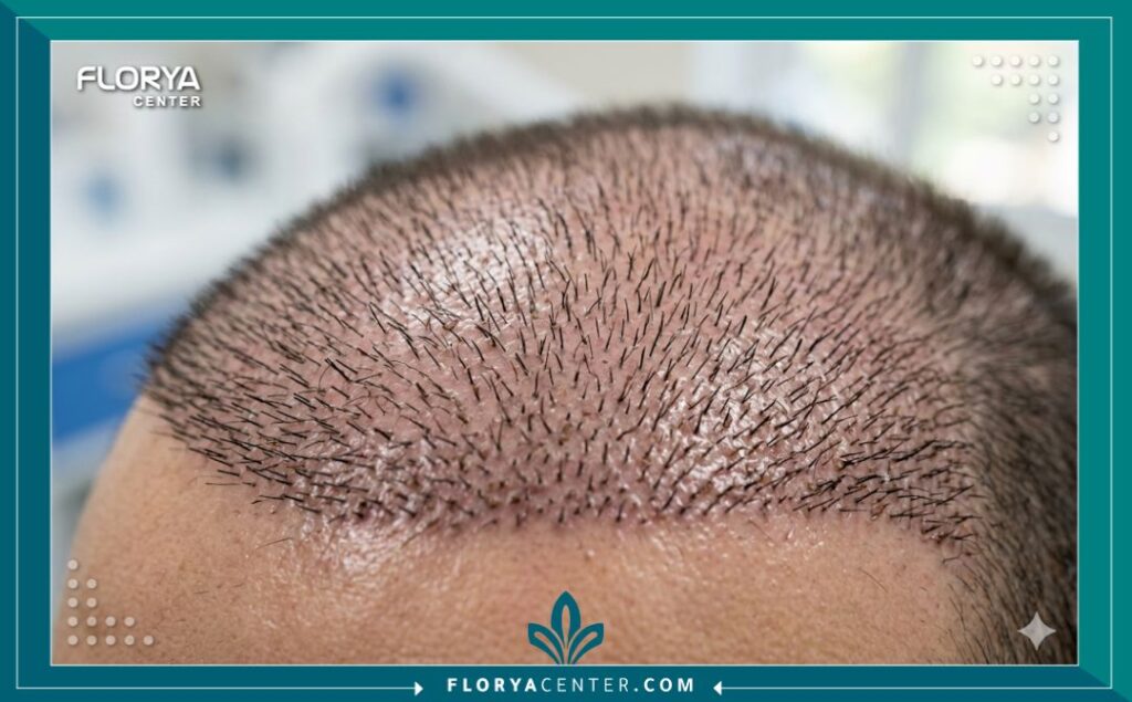 لقطة مكبرة تظهر كقافة وطبيعية بصيلات الشعر المزروعة حديثاً بعد 10 أيام من العملية في ايران.