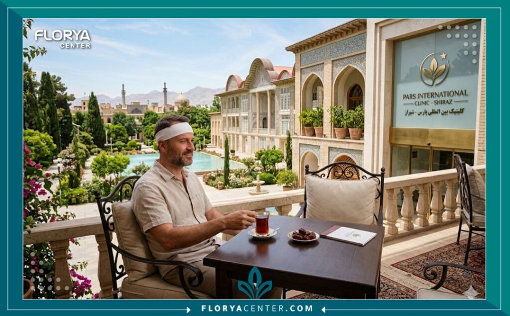 مريض في فترة النقاهة يستمتع بالسياحة العلاجية في شيراز بعد إجراء عملية زرع الشعر في ايران.