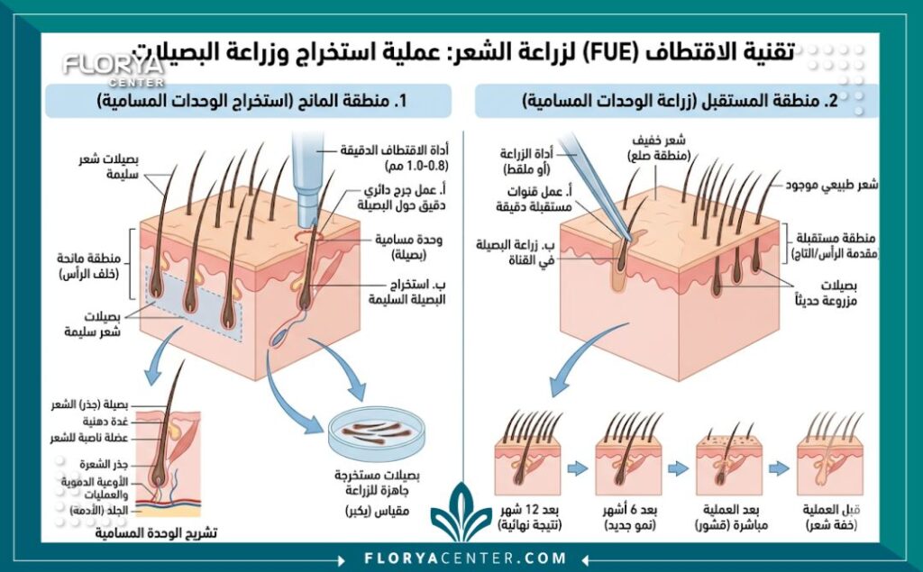 رسم تخطيطي طبي يوضح مراحل عملية زراعة الشعر للرجال بتقنية الاقتطاف FUE من المنطقة المانحة إلى المستقبلة.