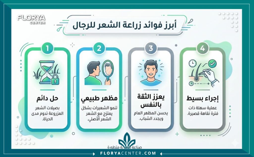 إنفوجرافيك يوضح أبرز فوائد ومميزات عملية زرع الشعر للرجال لحل مشاكل الصلع الوراثي.