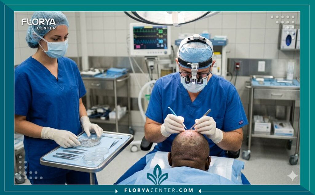 طبيب متخصص يقوم بإجراء عملية زراعة شعر لمريض داخل غرفة عمليات معقمة ومجهزة بأحدث التقنيات.