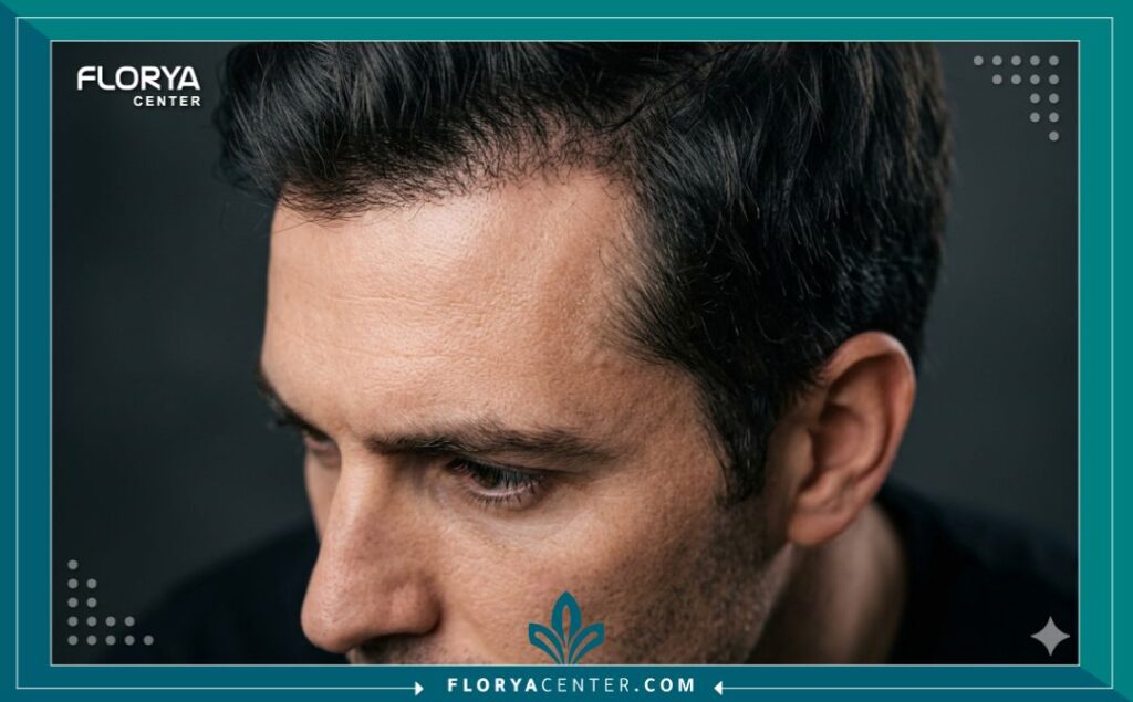 لقطة قريبة (ماكرو) تظهر مظهر خط الشعر الطبيعي والنتائج الدقيقة بعد نجاح زراعة الشعر للرجال.