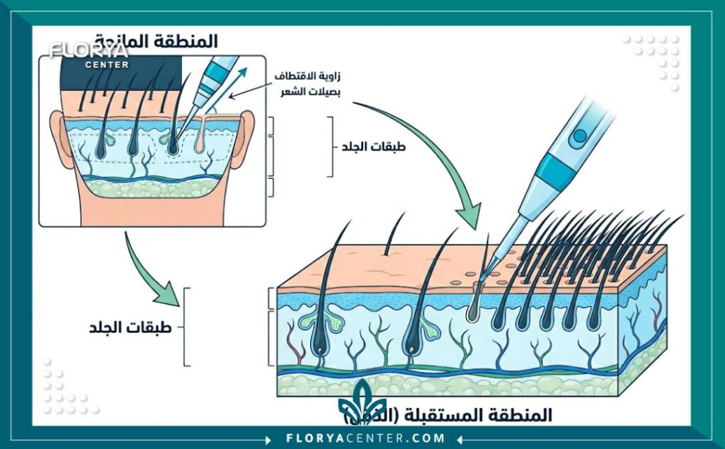 مخطط طبي توضيحي يشرح مراحل عملية زراعة شعر الذقن بتقنية FUE، يظهر اقتطاف البصيلات وغرسها في الفك.