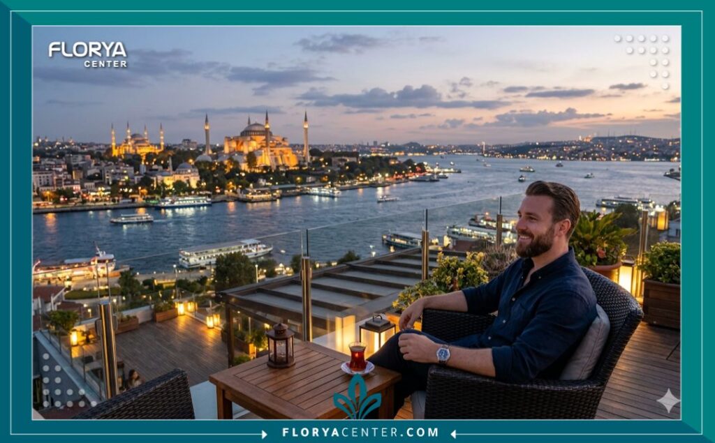 مريض يستمتع بوقته في إسطنبول بتركيا بعد إجراء عملية زراعة شعر الذقن، مع إطلالة رائعة على آيا صوفيا ومضيق البوسفور.