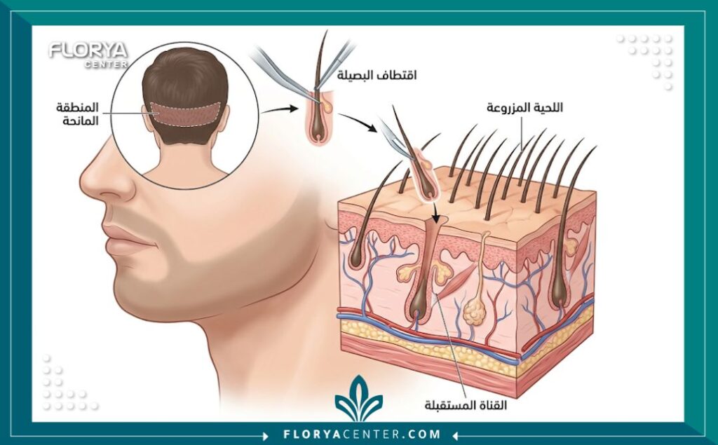 رسم تخطيطي طبي يوضح خططوات زراعة شعر اللحية بتقنية الاقتطاف (FUE) وكيفية نقل البصيلات إلى الذقن.
